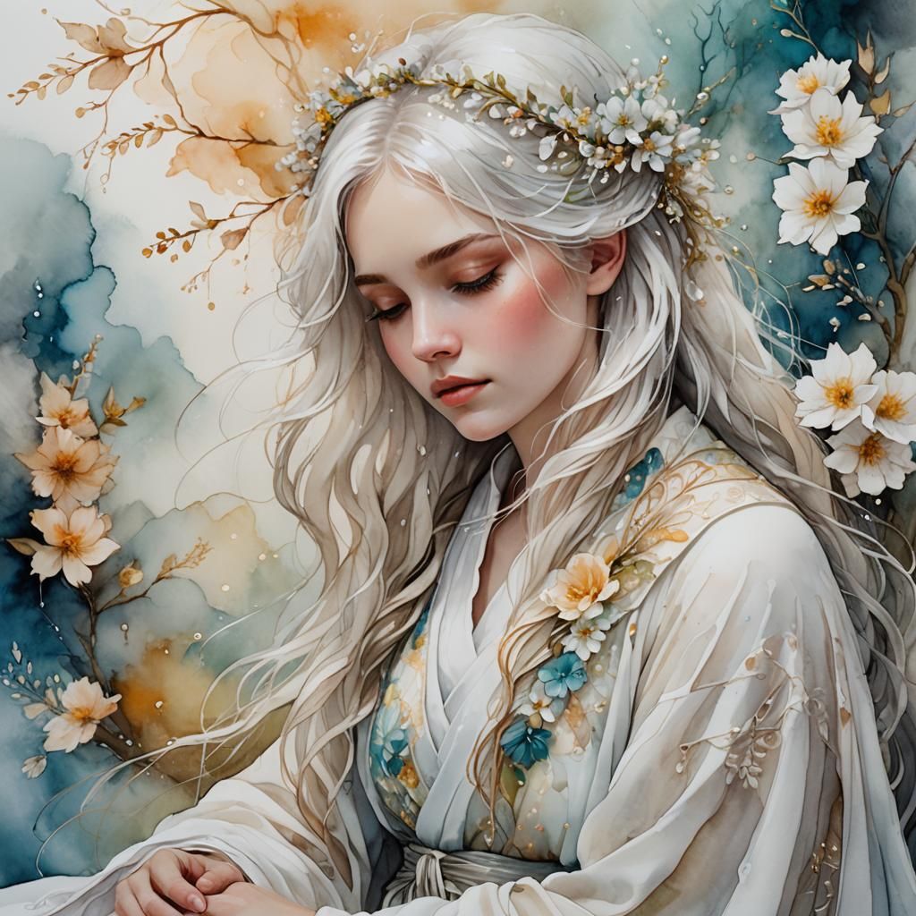 Ethereal Girl in Glasshouse, Alcohol Ink Painting