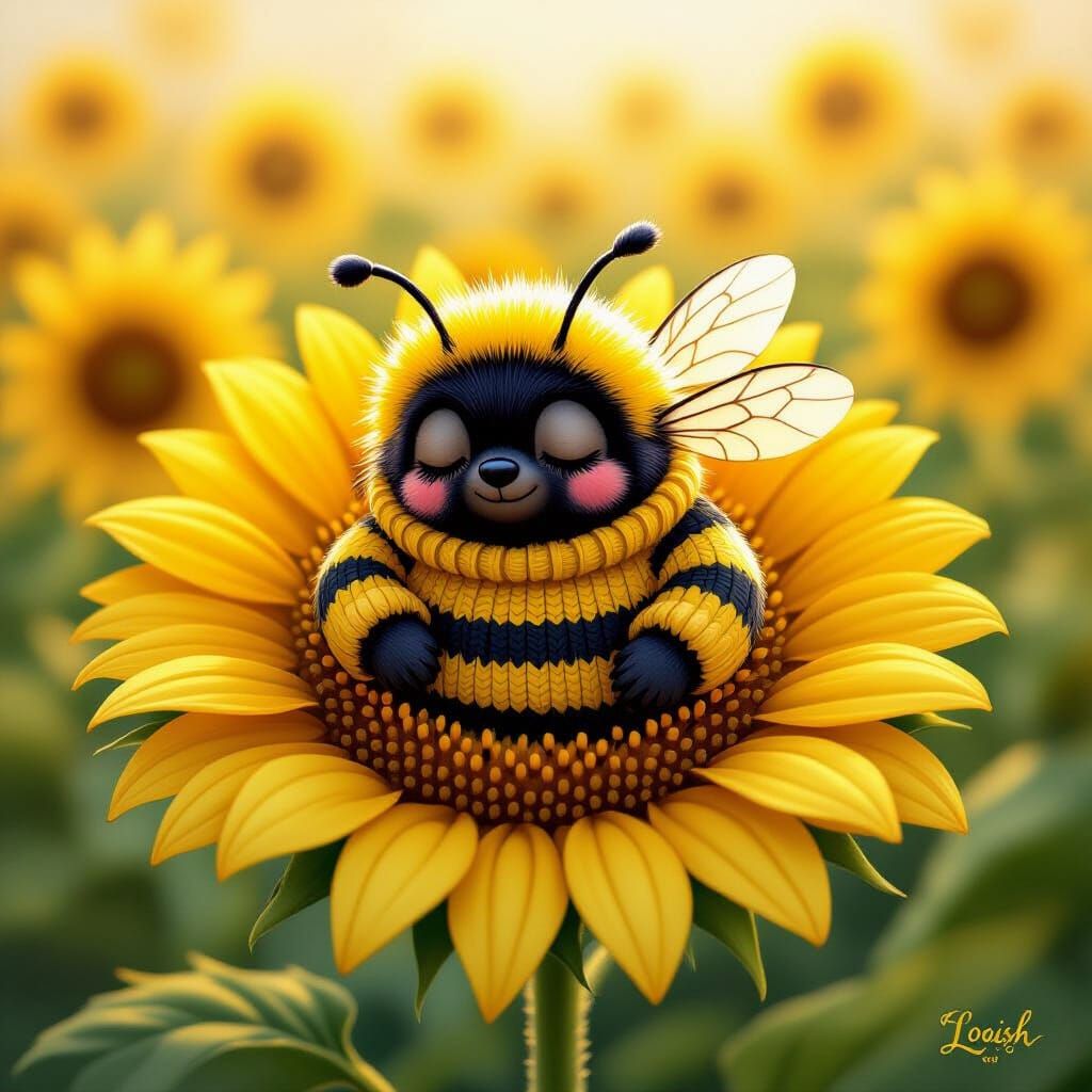 Sleepy Bumblebee in Sunflower Field, Whimsical Illustration