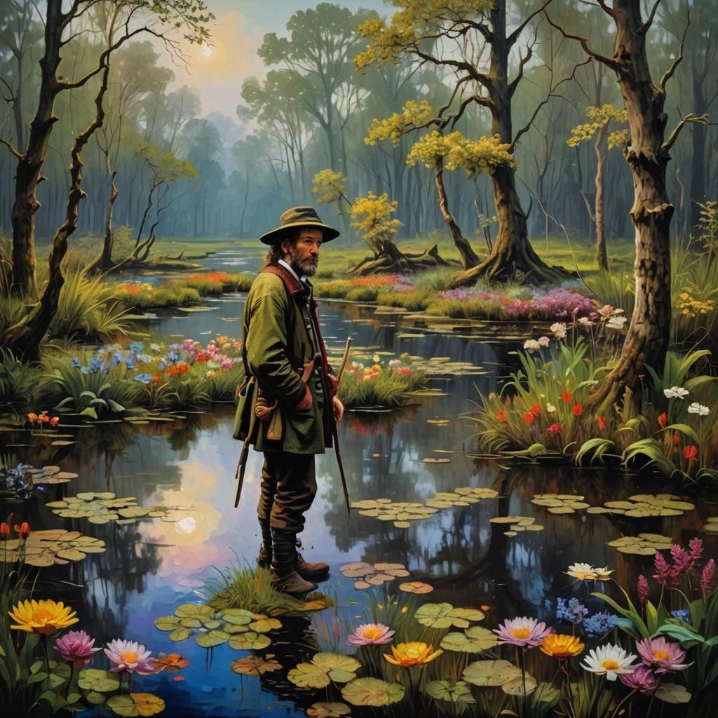Romantic Figure in Multicolored Flowery Swamp