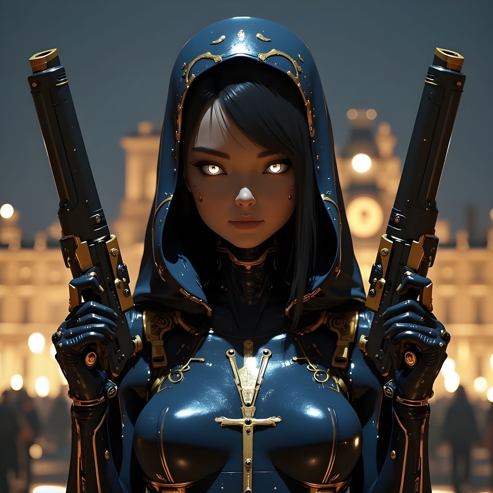 Cyberpunk Nun in High-Tech Armor, Standing Before the Louvre