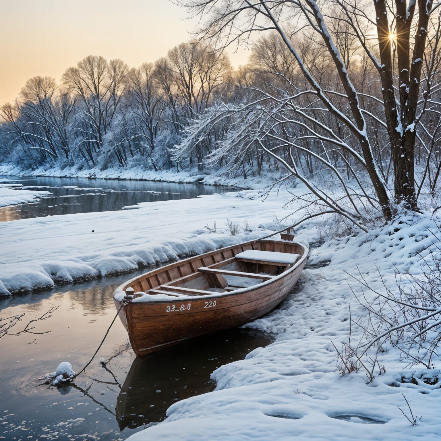 Winter Serenity on a Snowy Riverbank