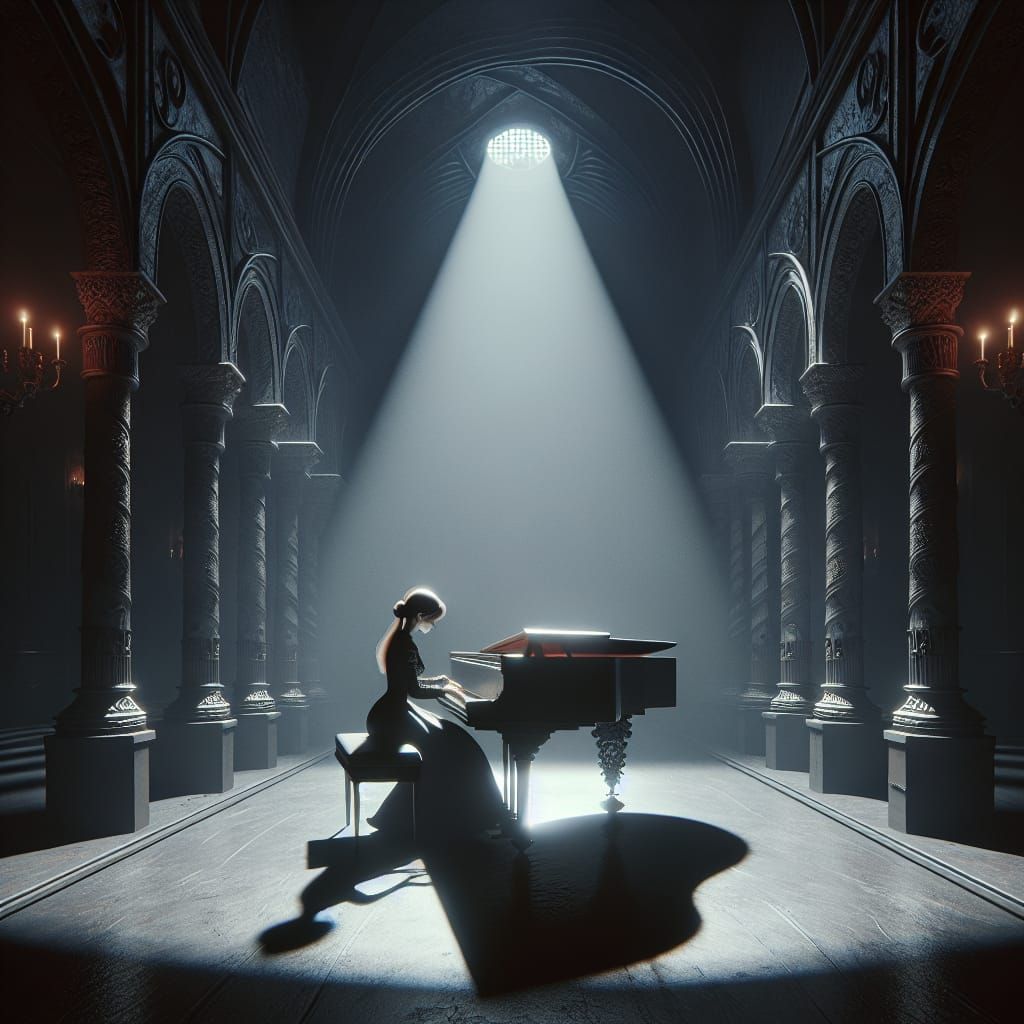 Gothic Piano Player in Spotlight, Digital Art