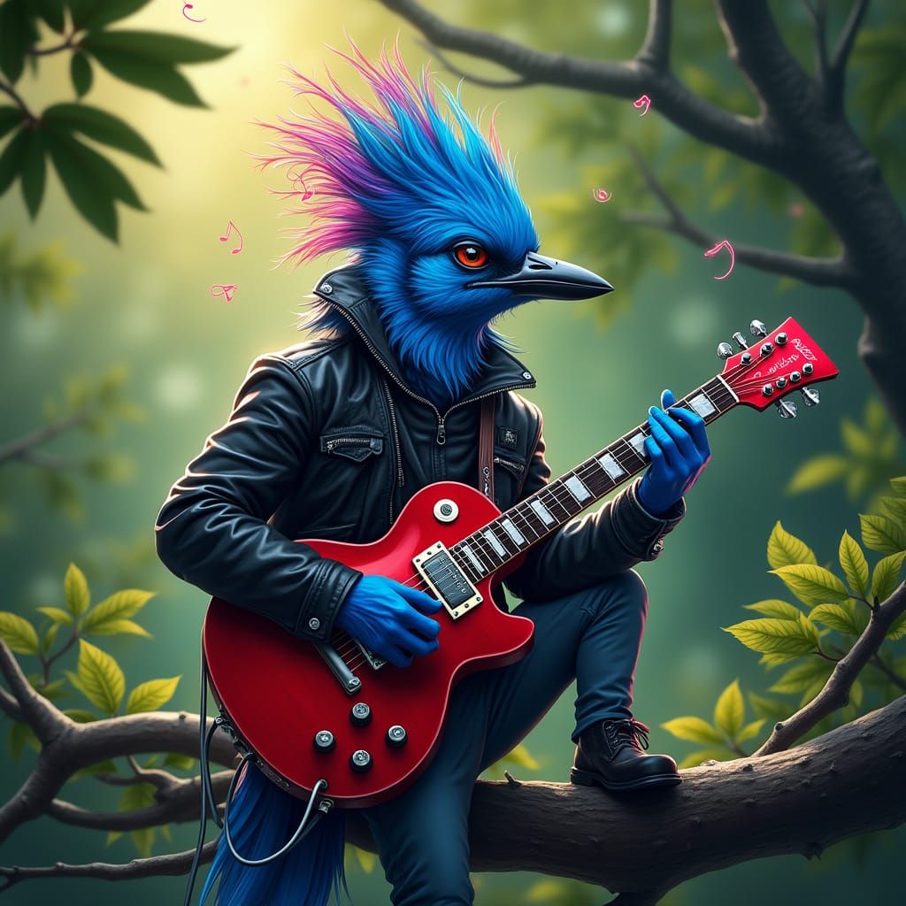 Punk Blue Jay Shreds Guitar on Tree Branch