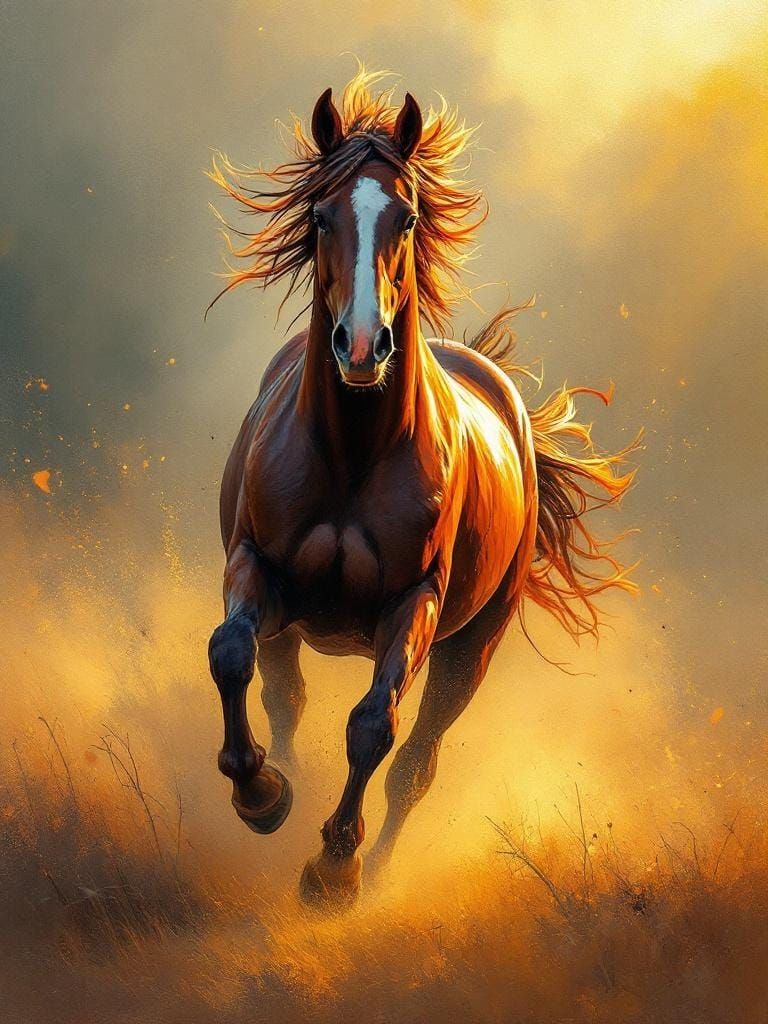 Horse Running Free: Textured Oil Painting