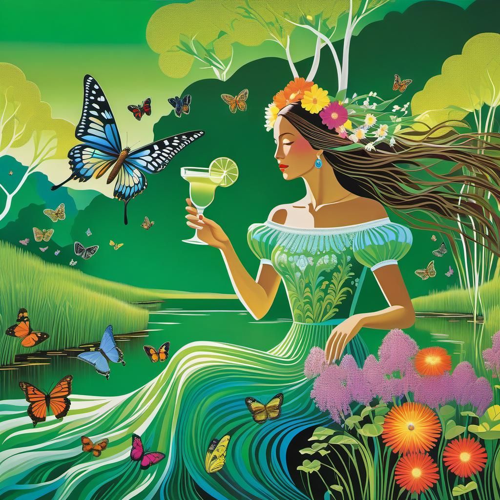 Woman with Margarita in Hypermaximalist Fantasy Landscape