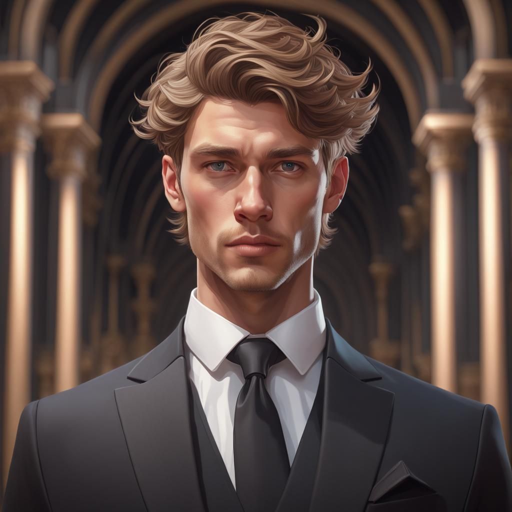Young Man in Black Suit: Hyperdetailed Portrait