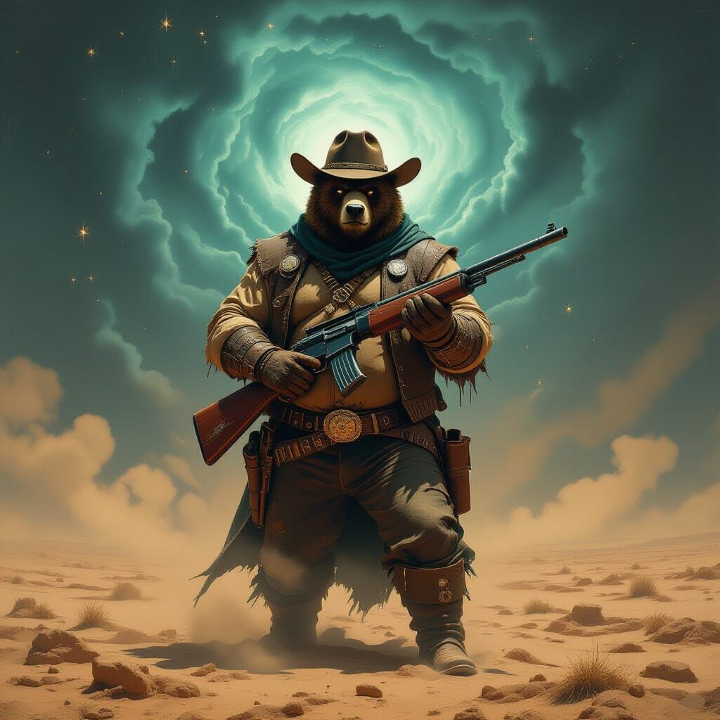 Obese Bear Cowboy Under Alien Sky as Oil Painting