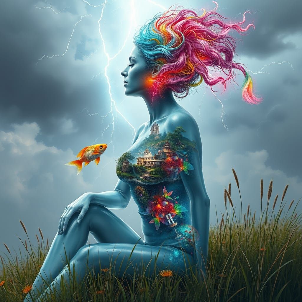 Transparent Woman Embodies Storm's Fury in Airbrush Art