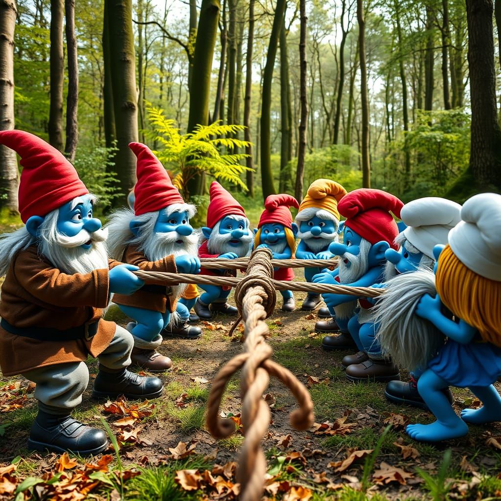 Cheerful Gnome and Smurf Tug-of-War in Belgian Woodland