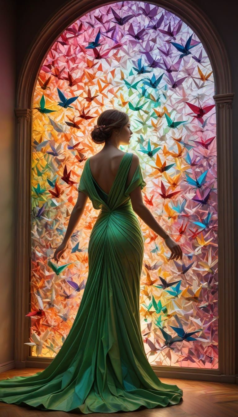 Rainbow Origami Paper Crane Stained-Glass Mural