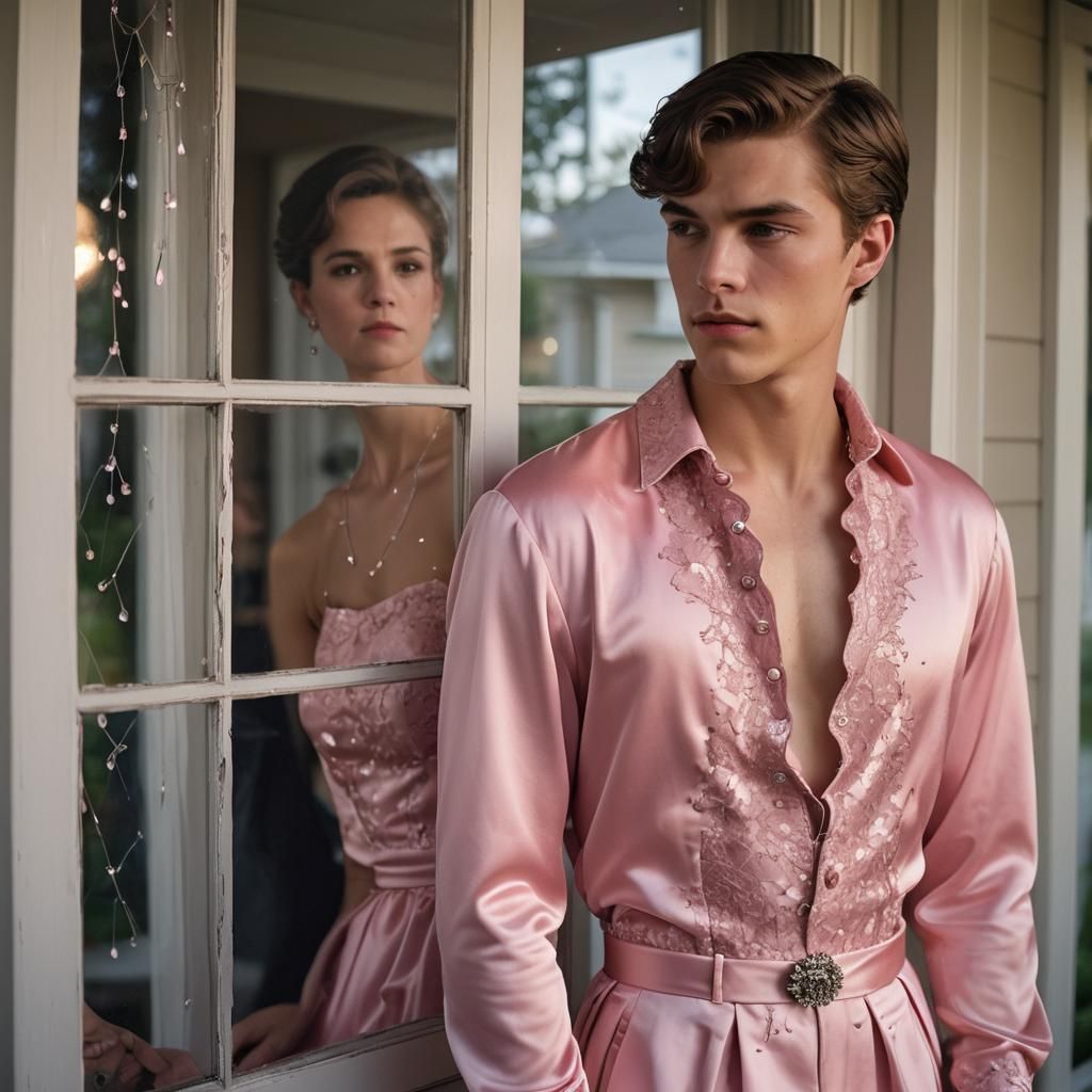 Masculine Teen in Pink Gown Gazing wistfully