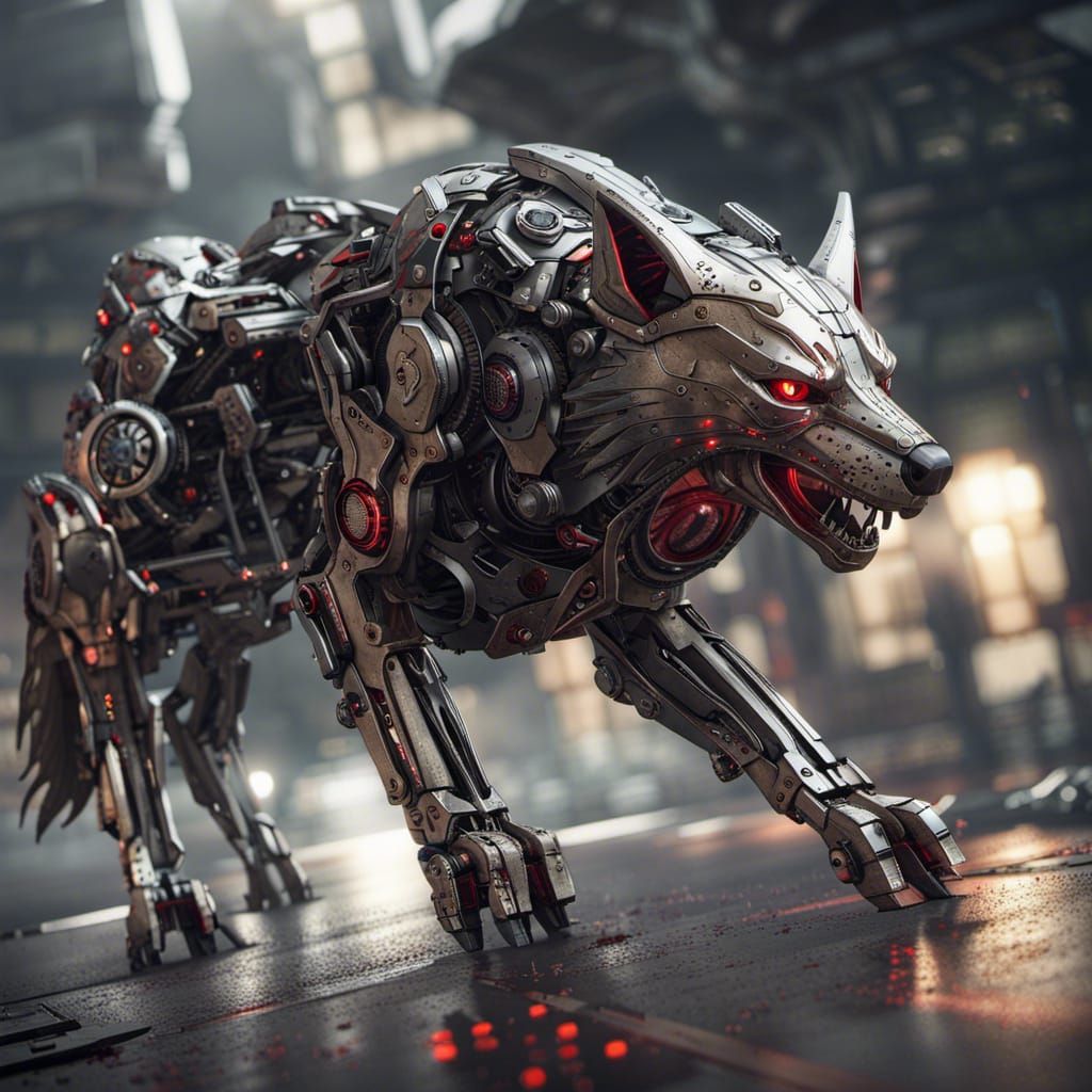 Fierce Mecha Wolf with Red Eyes in Sci-Fi Style