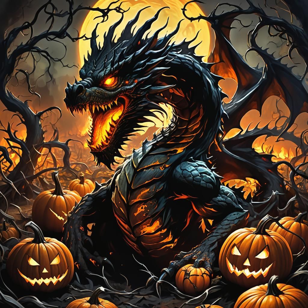 Fire Dragon in Haunted Pumpkin Patch: Dark Fantasy Art