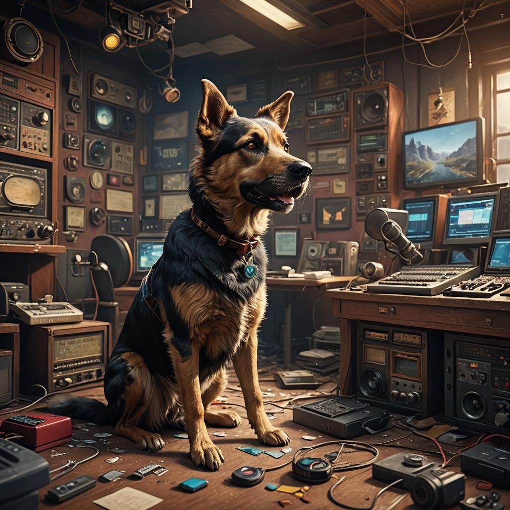 Dog Broadcaster in Radio Studio: Fantasy Concept Art