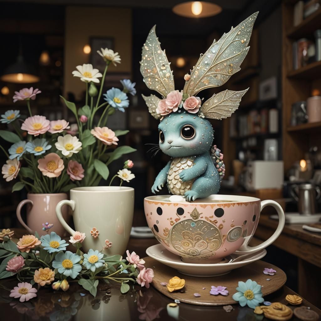 Pastel Monster in Coffee Shop with Dreamy Eyes