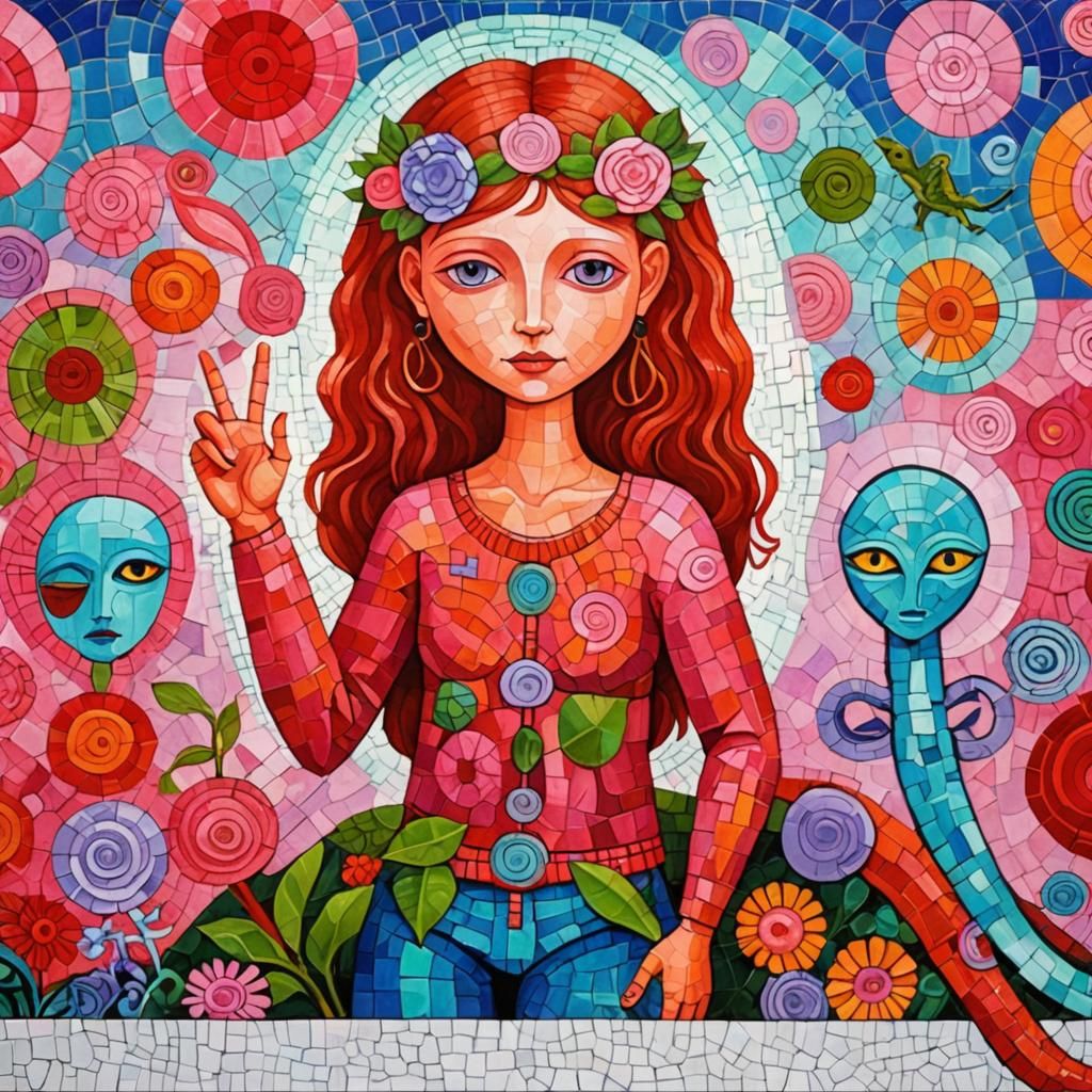 Psychedelic Mosaic: Lizards, Aliens, and Floral Surrealism