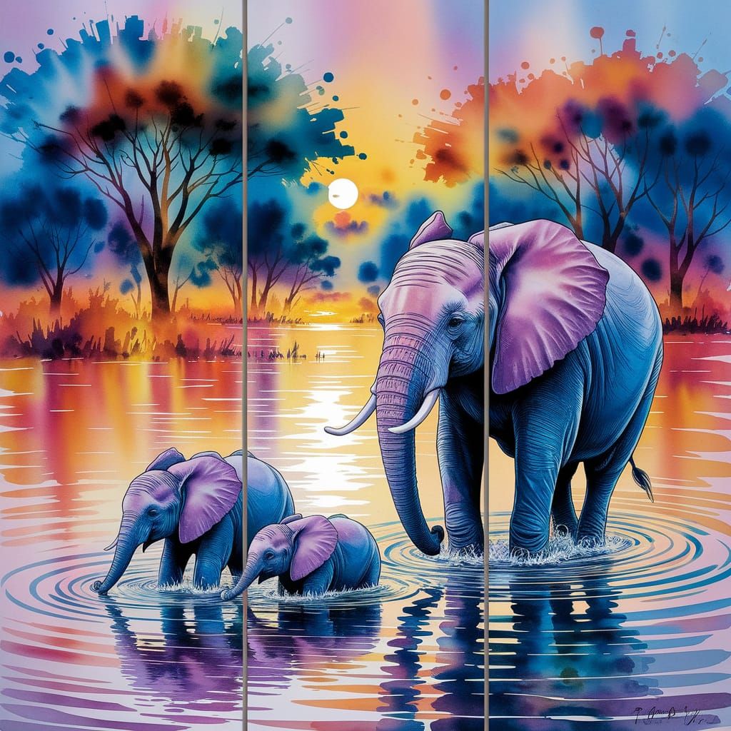 Vibrant Watercolor Elephants in Serene Dawn Landscape