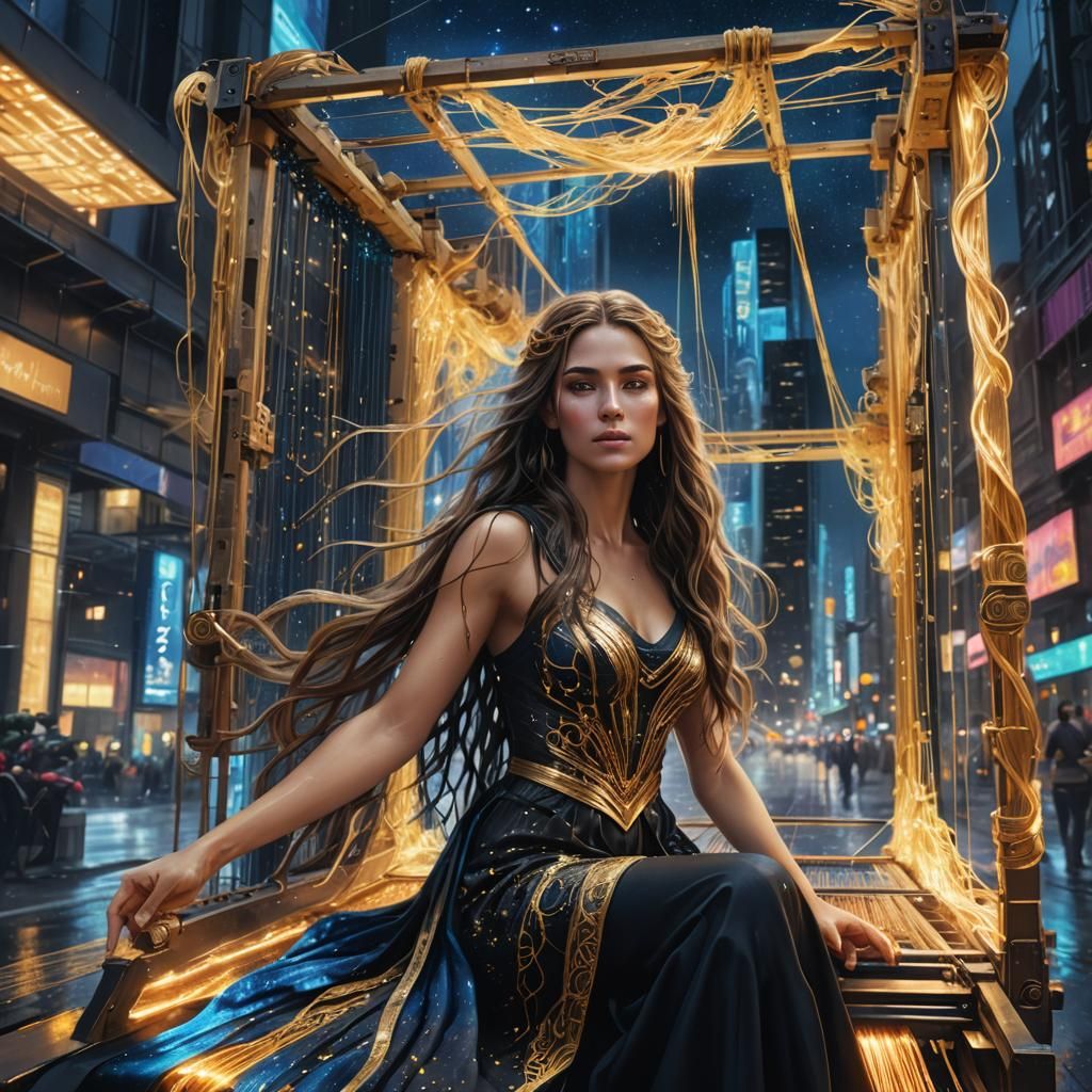 Goddess Weaving Fate in a Futuristic City