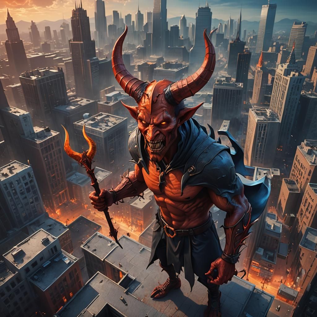 Cartoon Devil Temptation in Hellish Cityscape