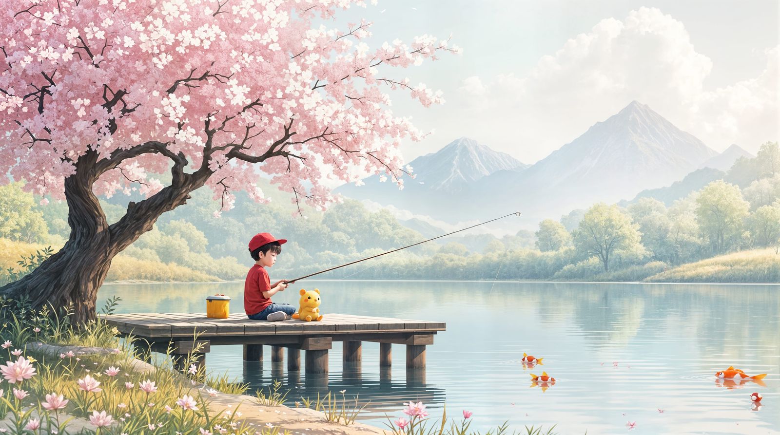 Serene Springtime Fishing Scene in Hyperrealistic Style