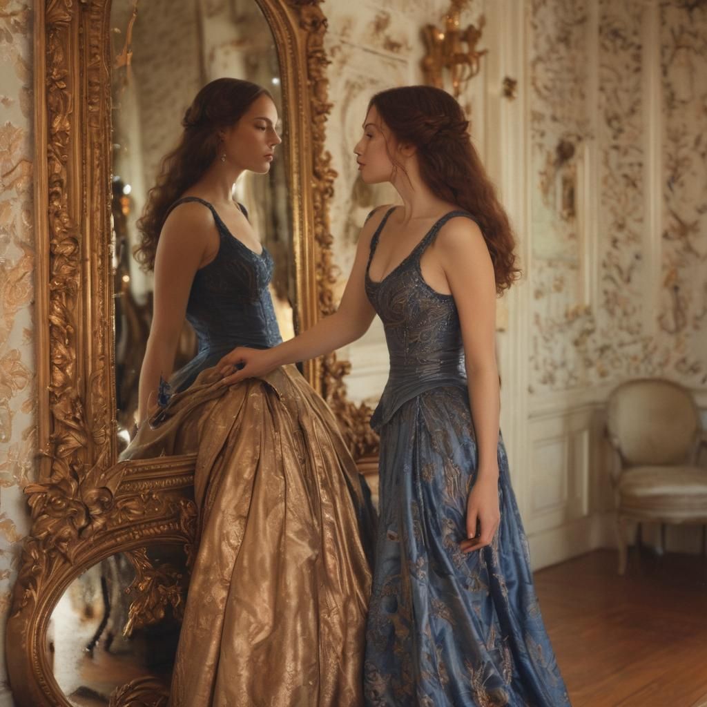 Woman Admiring Reflection in Symbolist Art Style