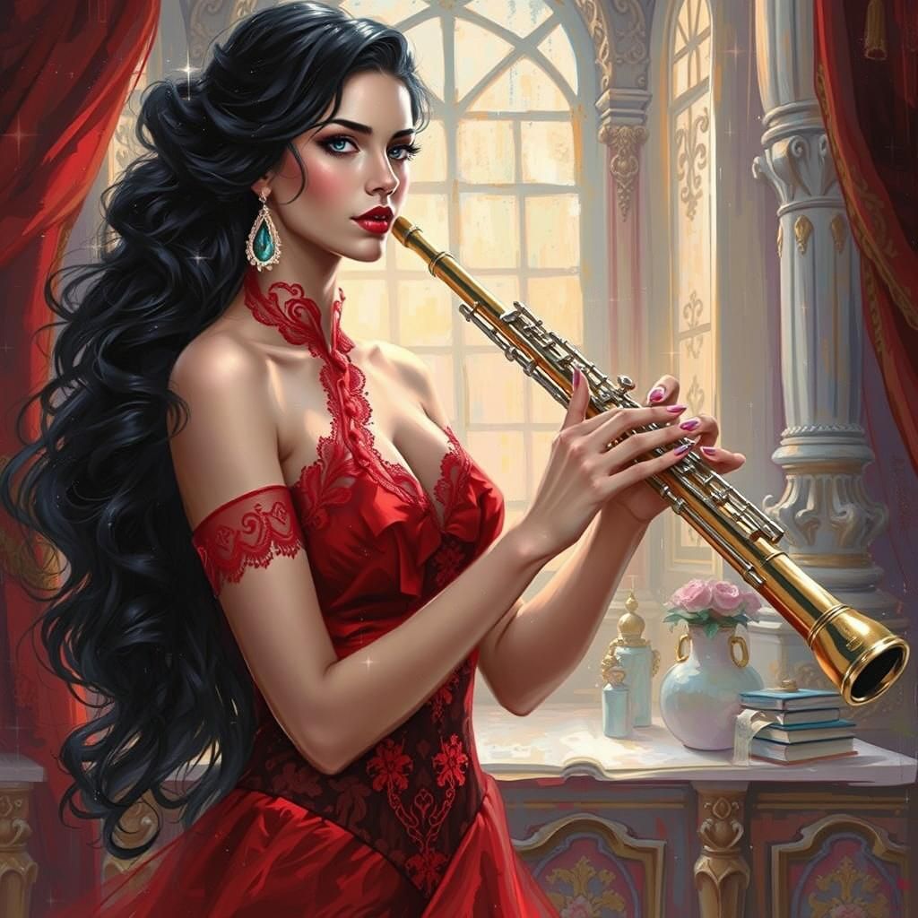 """"Portrait of a beautiful woman, full body, black wavy hair, , red lips, red  dress with lace, playing flute