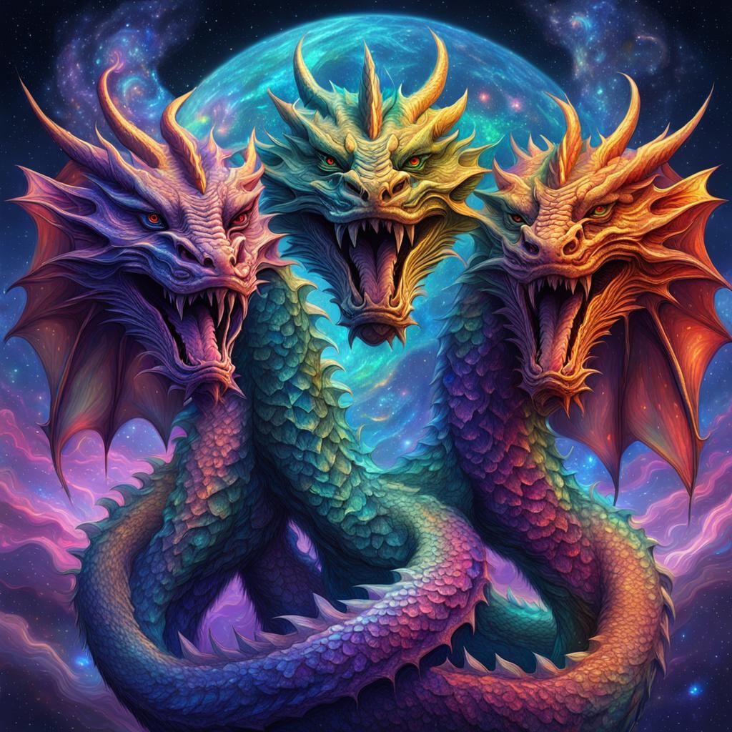 Holographic Three-Headed Dragon in Astral Cosmic Art