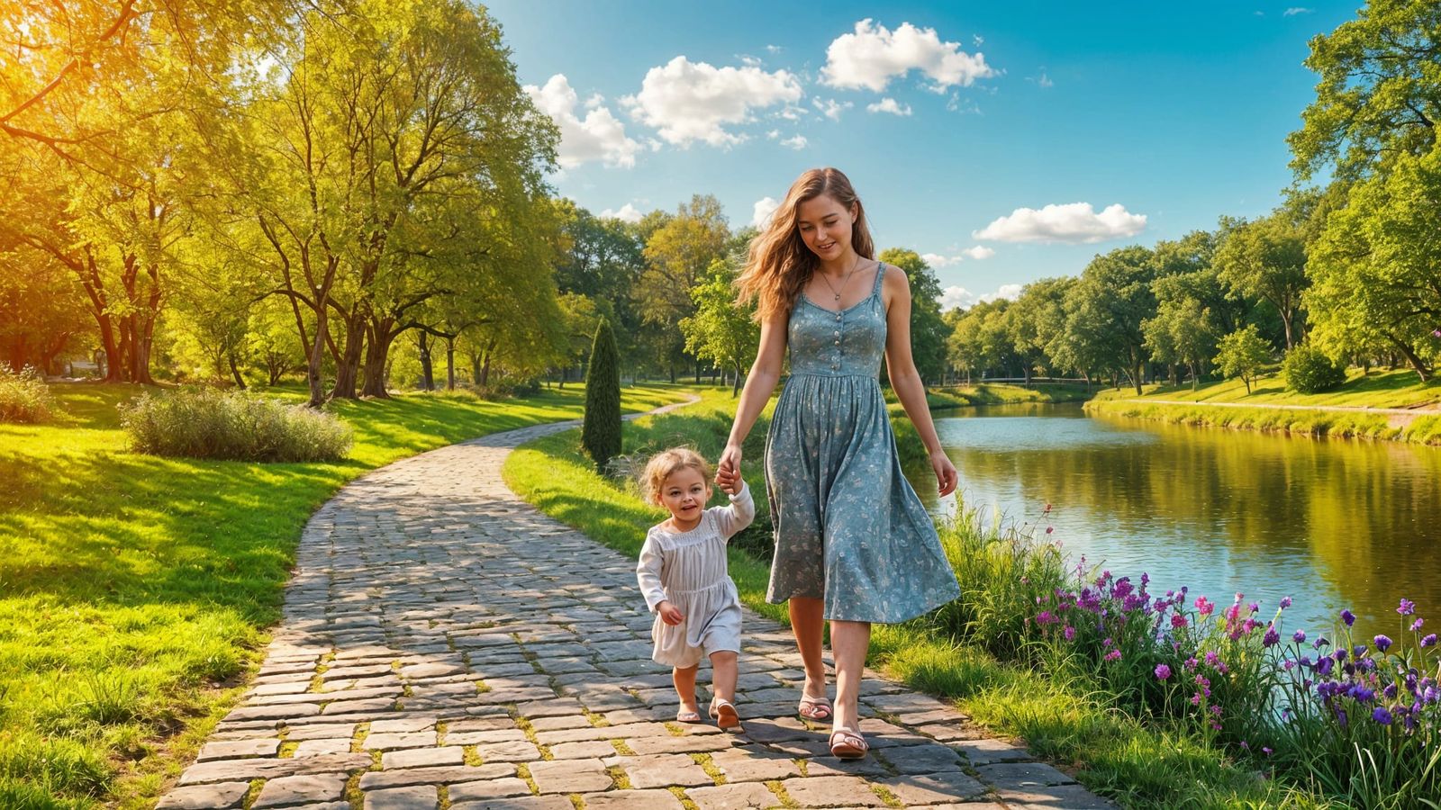 Mother and Child Stroll Along Serene Riverbank in Lush Parkl...