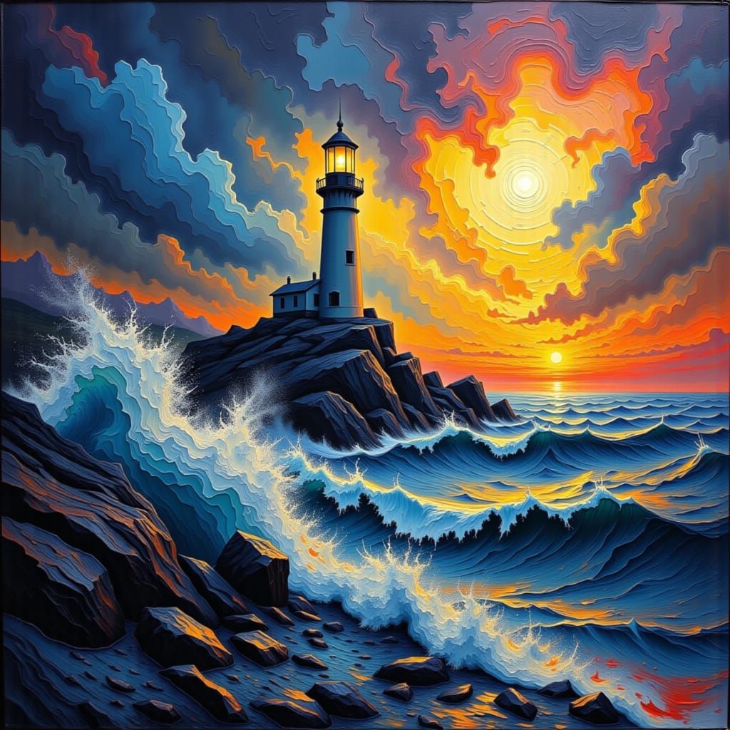 Impasto Lighthouse Shines on Stormy Sea