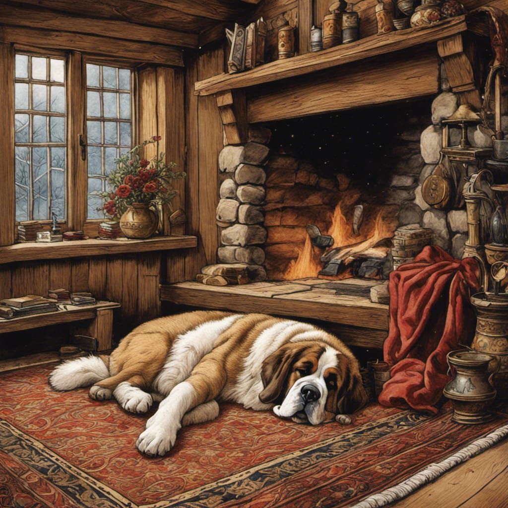 St. Bernard Sleeps by Fireplace: Watercolor Digital Art