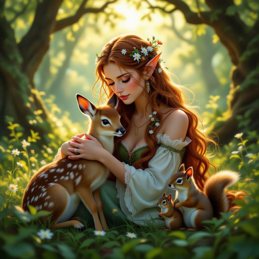 Elf Princess With Wildlife in Sunlit Forest