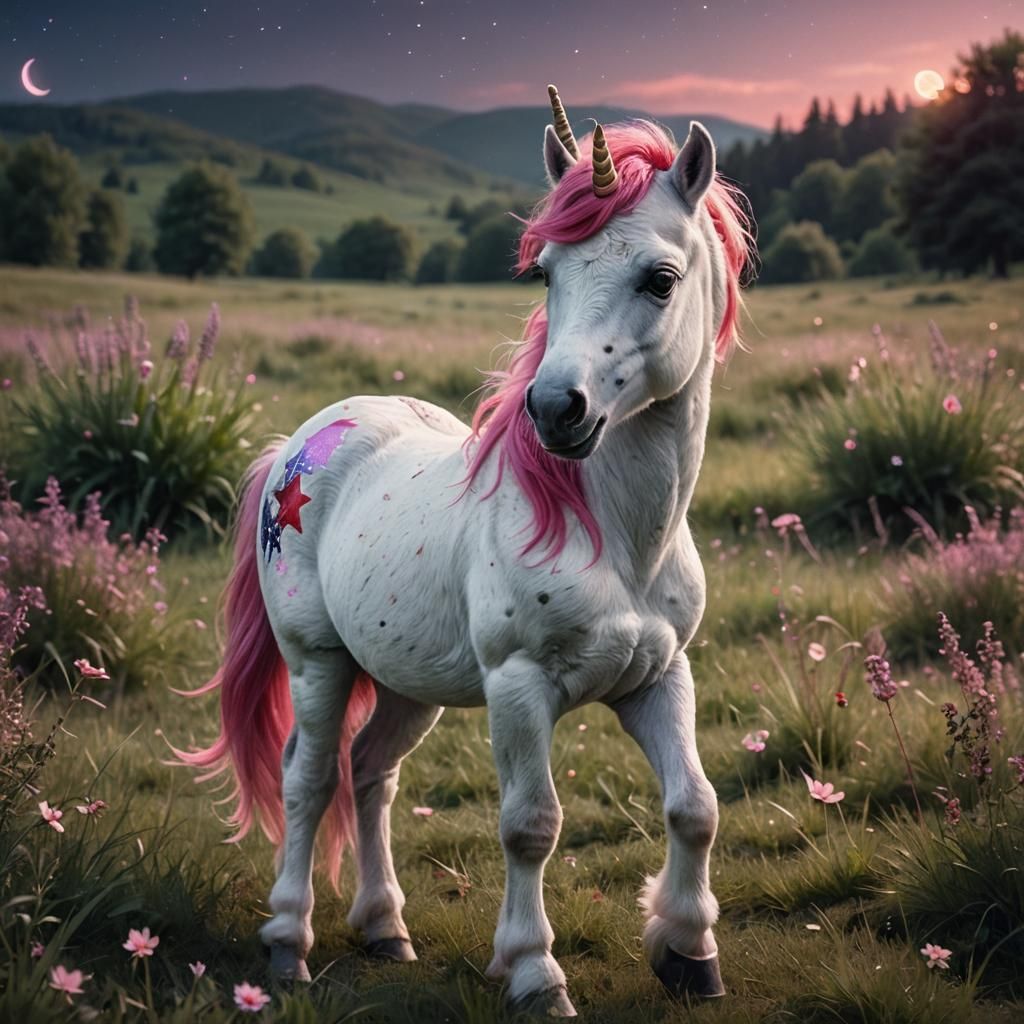 Baby Unicorn Pony in Meadow: Cinematic Film Still