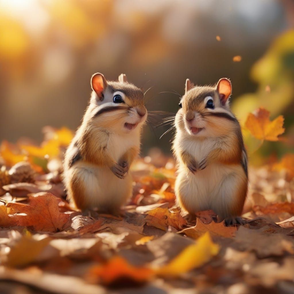 Cute Chipmunks Play in Autumn Leaves