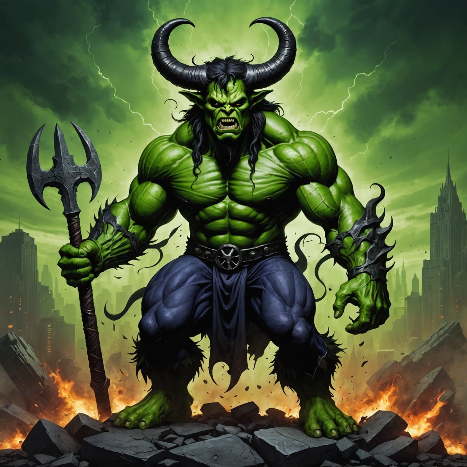 Baphomet as the Hulk in a Dark Fantasy Artwork
