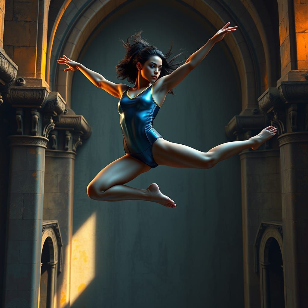 Ethereal Gymnast in Ancient Architecture