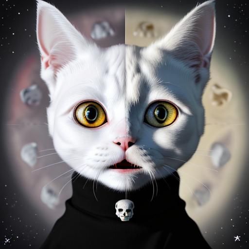 Surreal Cat with Kitten and Skulls