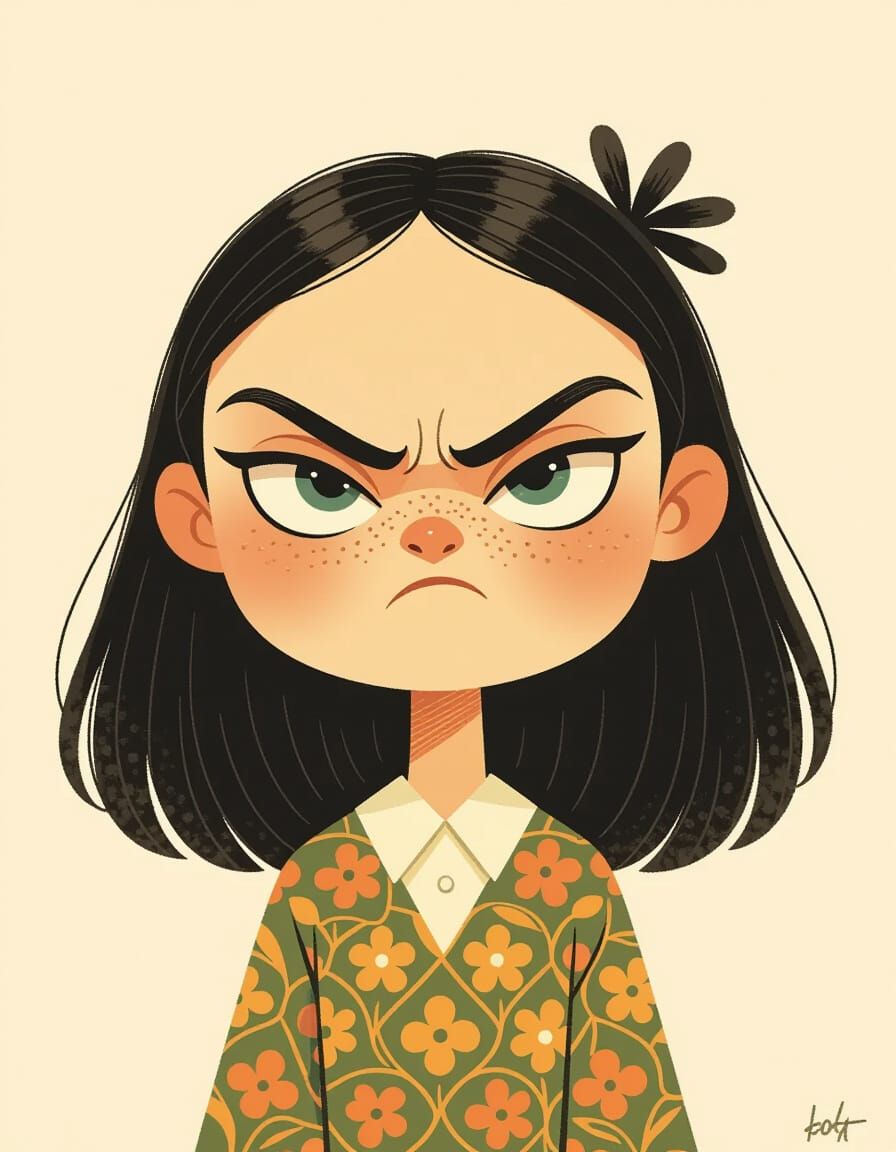 Grumpy Girl Portrait in Whimsical Storybook Style