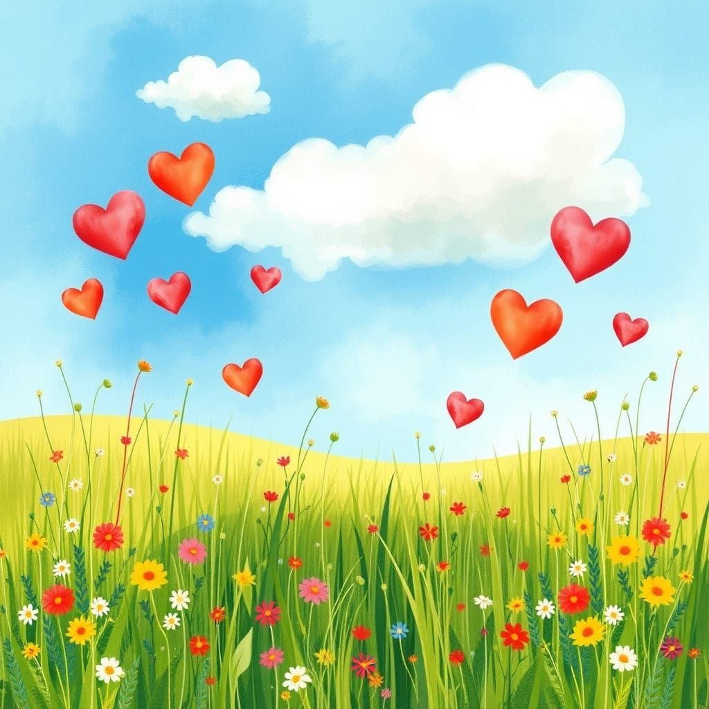 Whimsical Field Scene with Hearts, in Beatrix Potter Style
