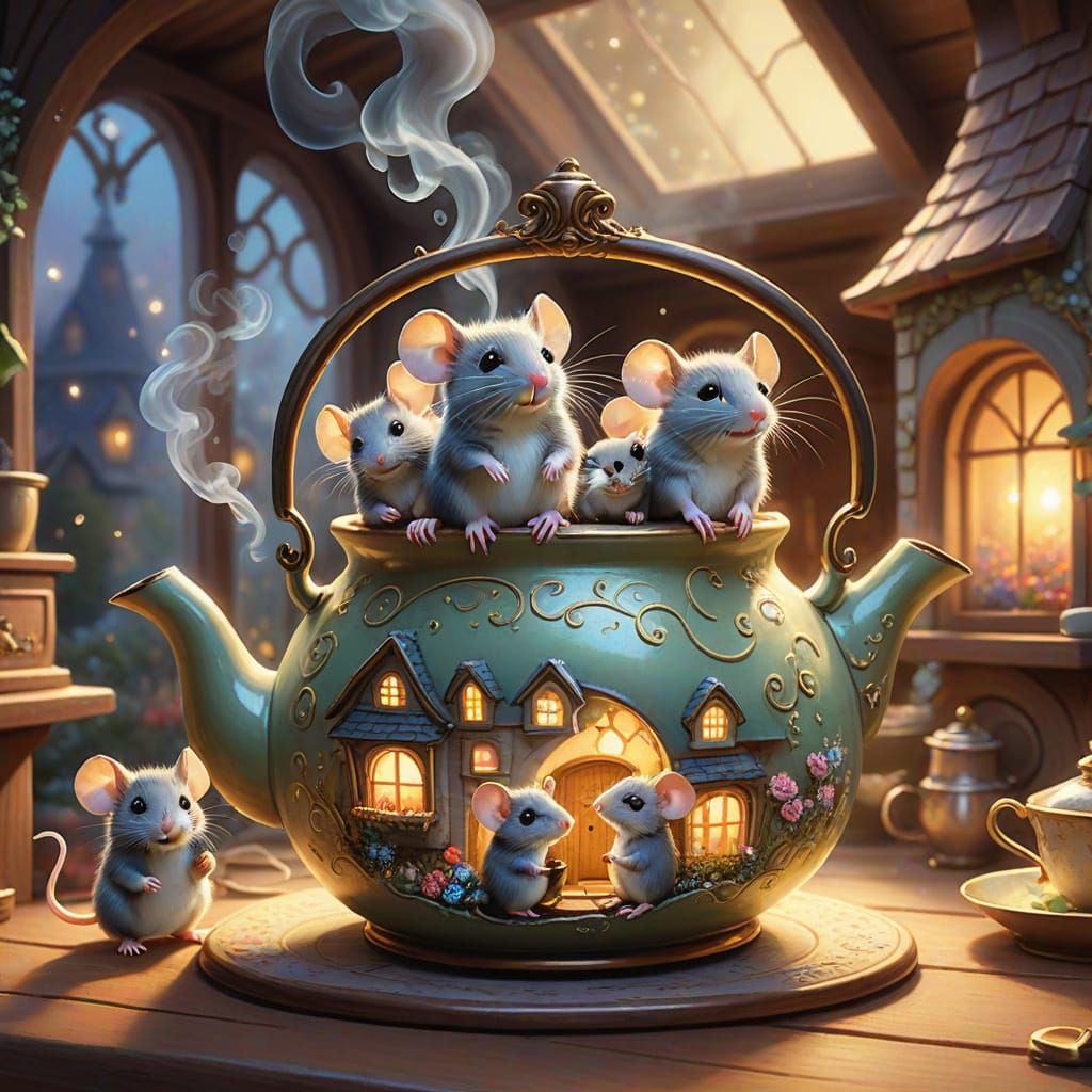 Whimsical Mice Family in a Cozy Tea Pot Home