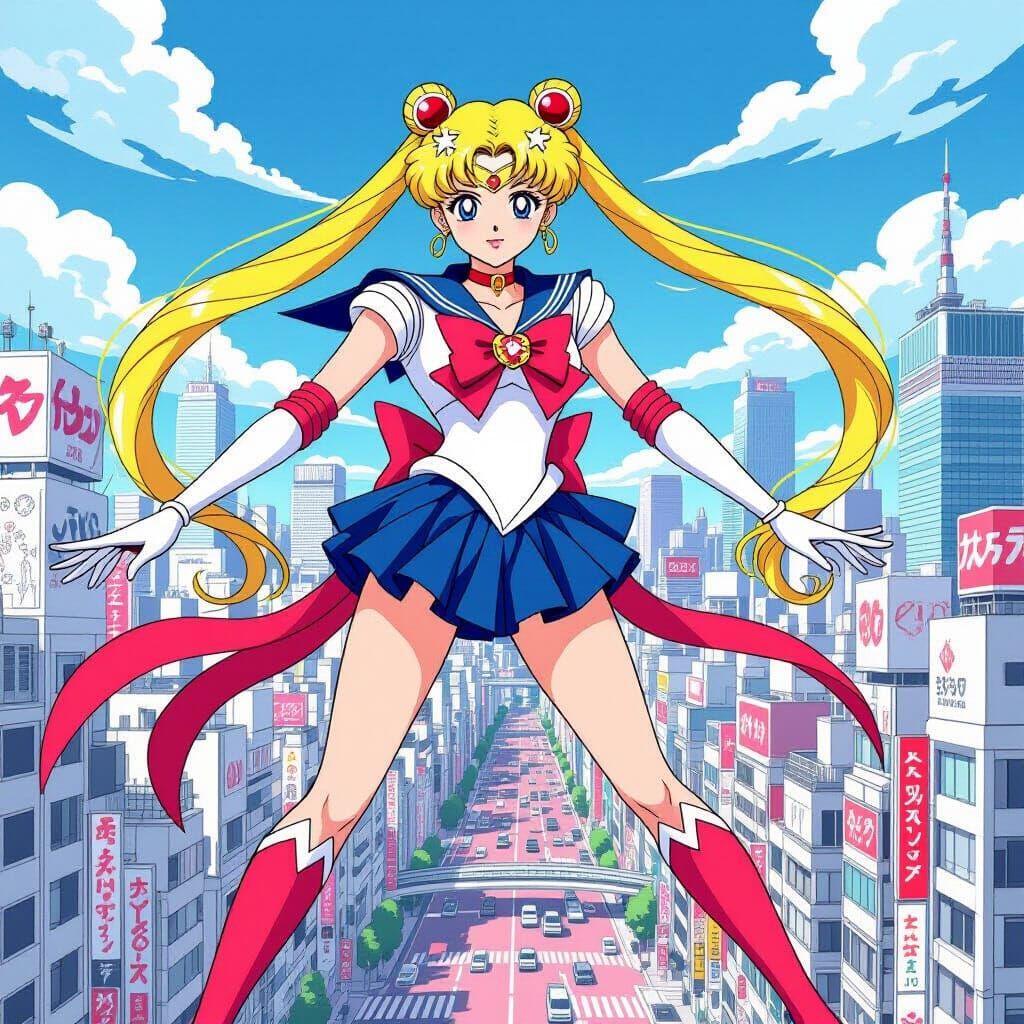 Sailor Moon in Dynamic Pose Over Tokyo Cityscape