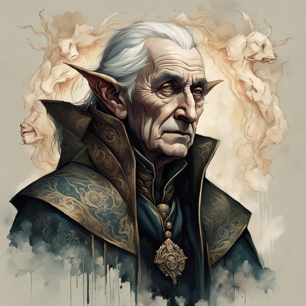 Victorian Elf Portrait in Cyberpunk Art Deco Style