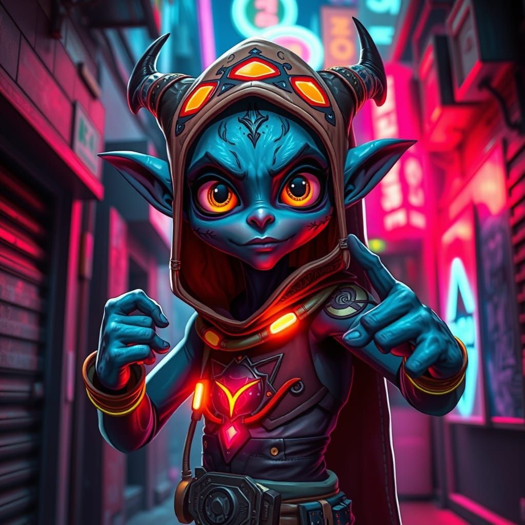 Drow Elf Posing in Neon Cyberpunk Alleyway
