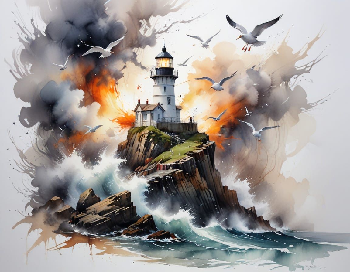 Stormy Lighthouse in Watercolour: Waves Crash Amidst Dramati...