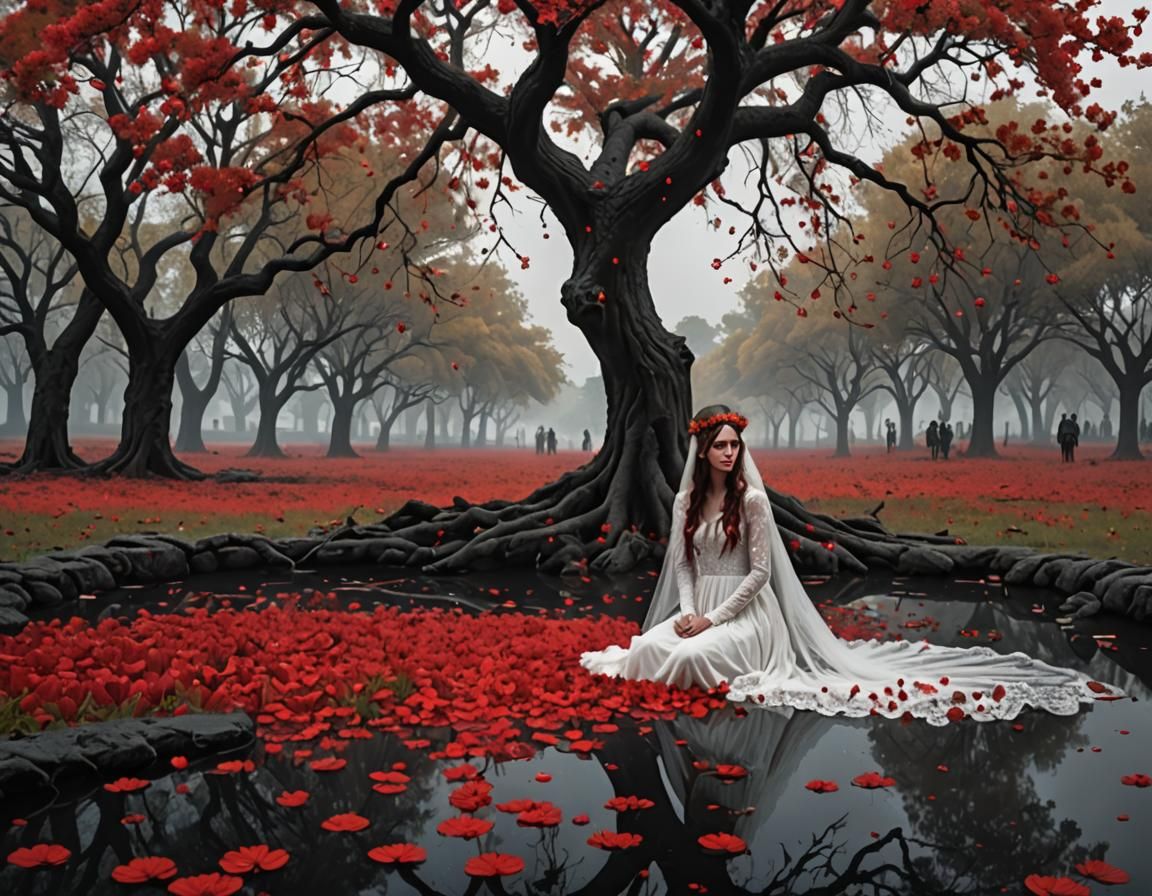 Bloody Sakura Tree with Bride in Dark Landscape