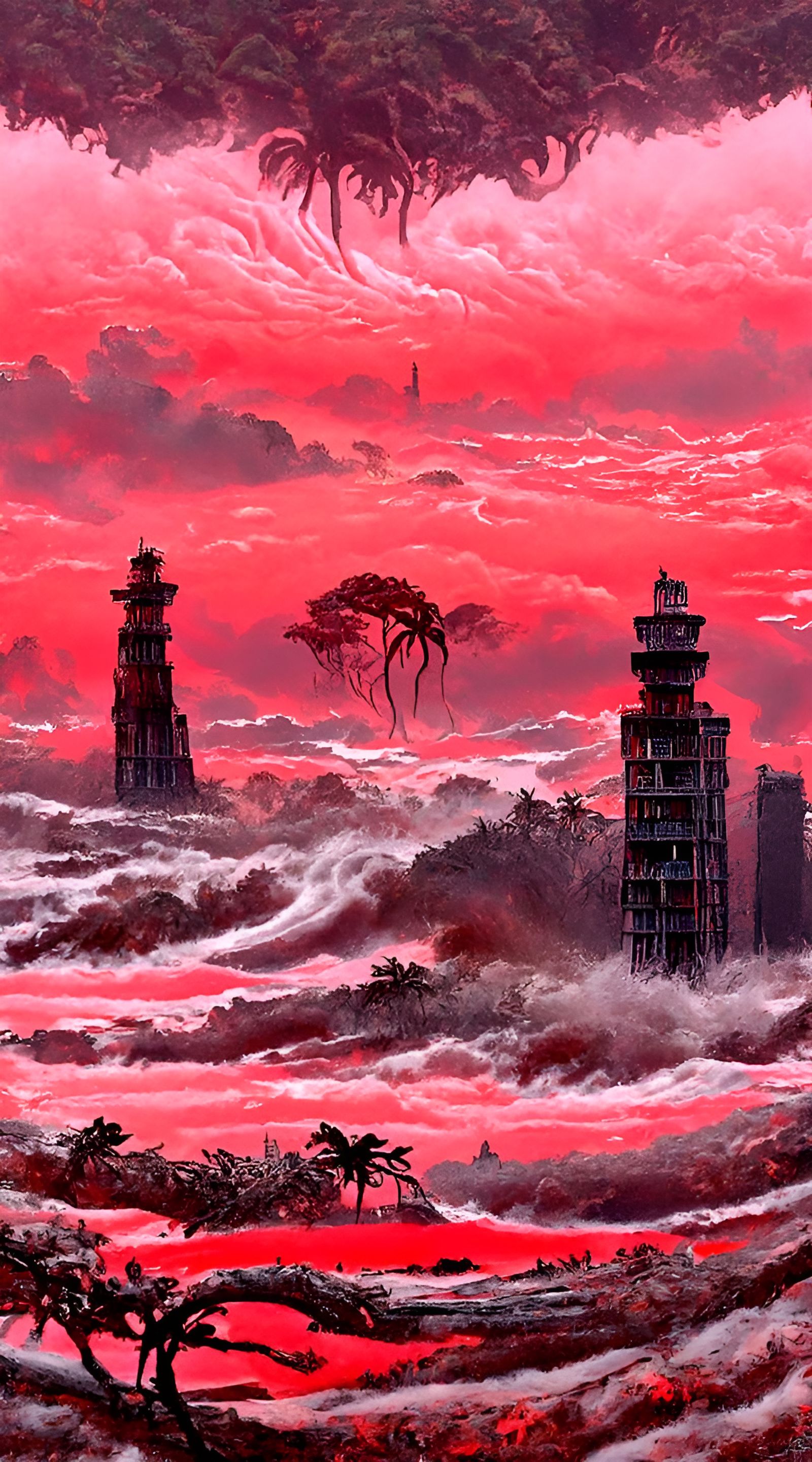 Jungle Tower with Red Sky: Romantic Expressionism