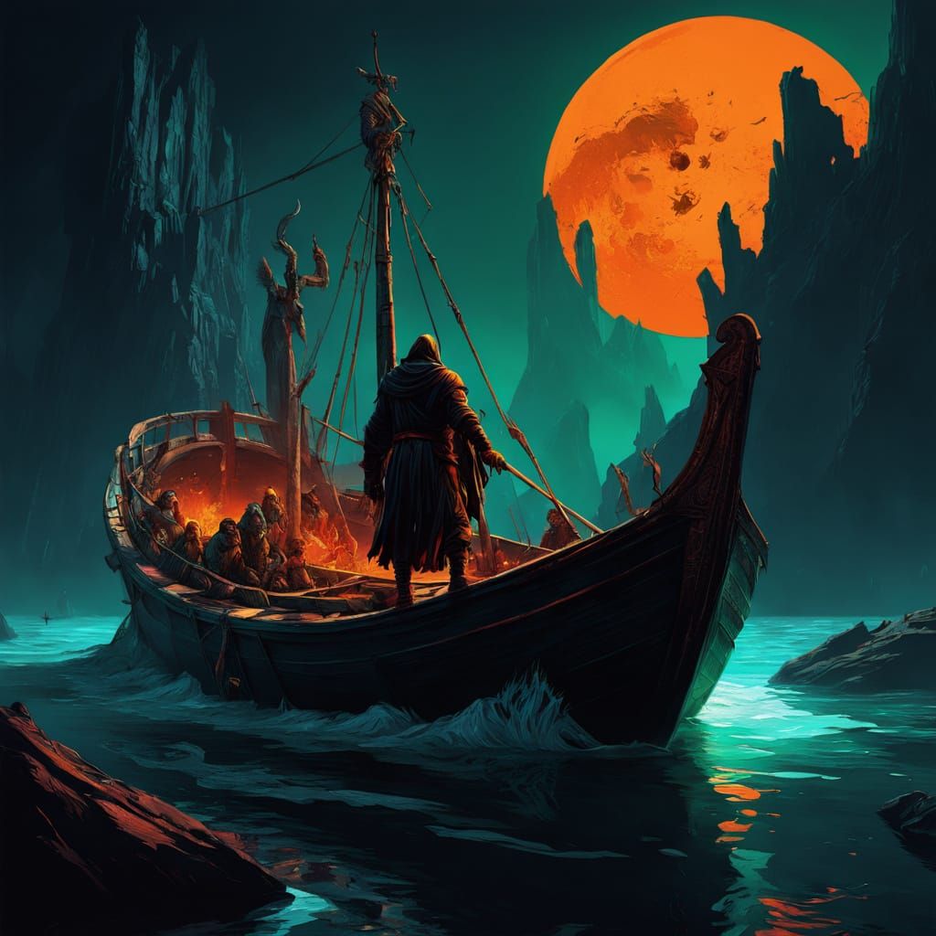 Dramatic Baroque Painting of Charon in Fiery Hellish Landsca...