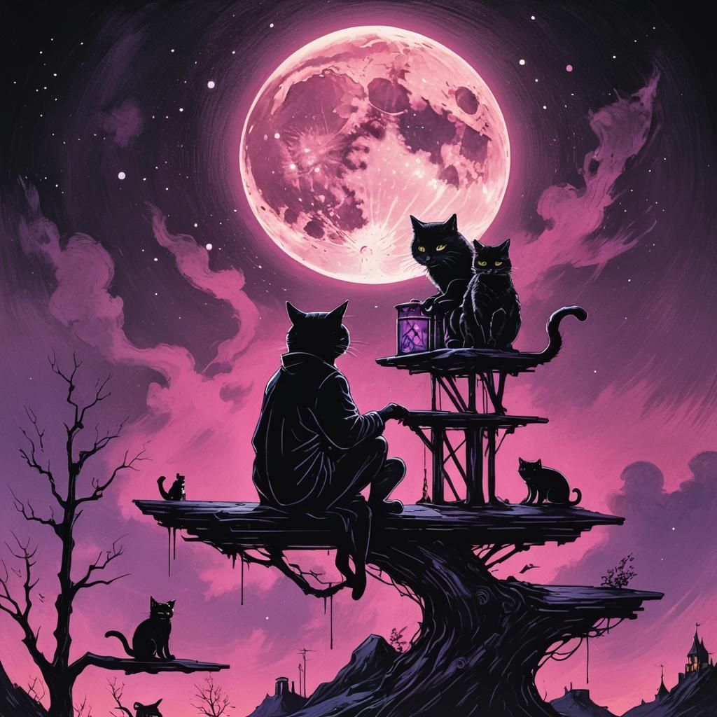 Witch on a Swing with Child and Cat