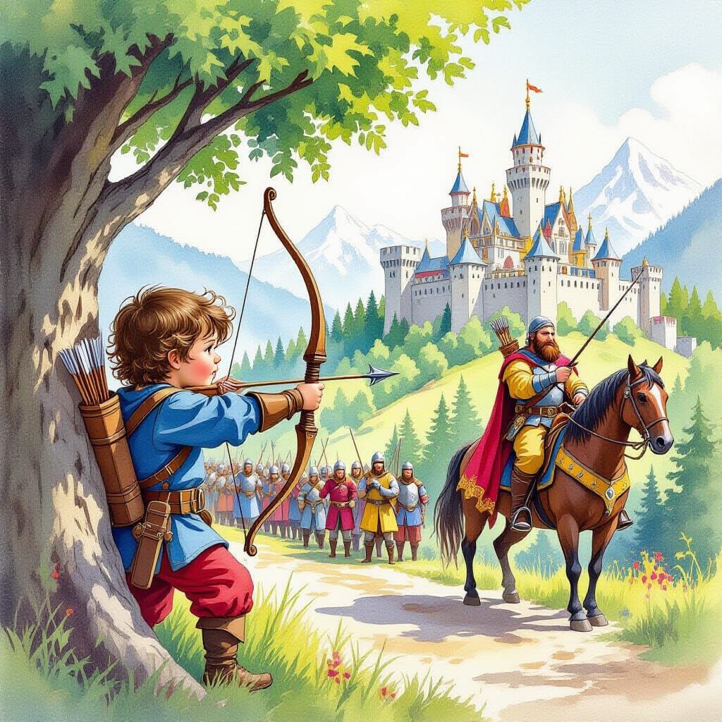 Medieval Watercolor Scene: Child, Soldiers, and Castle