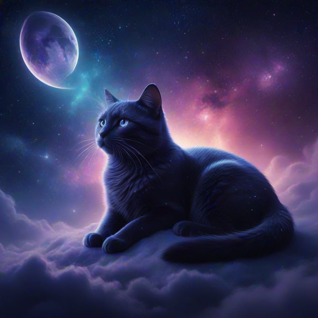 Ethereal Cat on Crescent Moon in Cosmic Surrealism