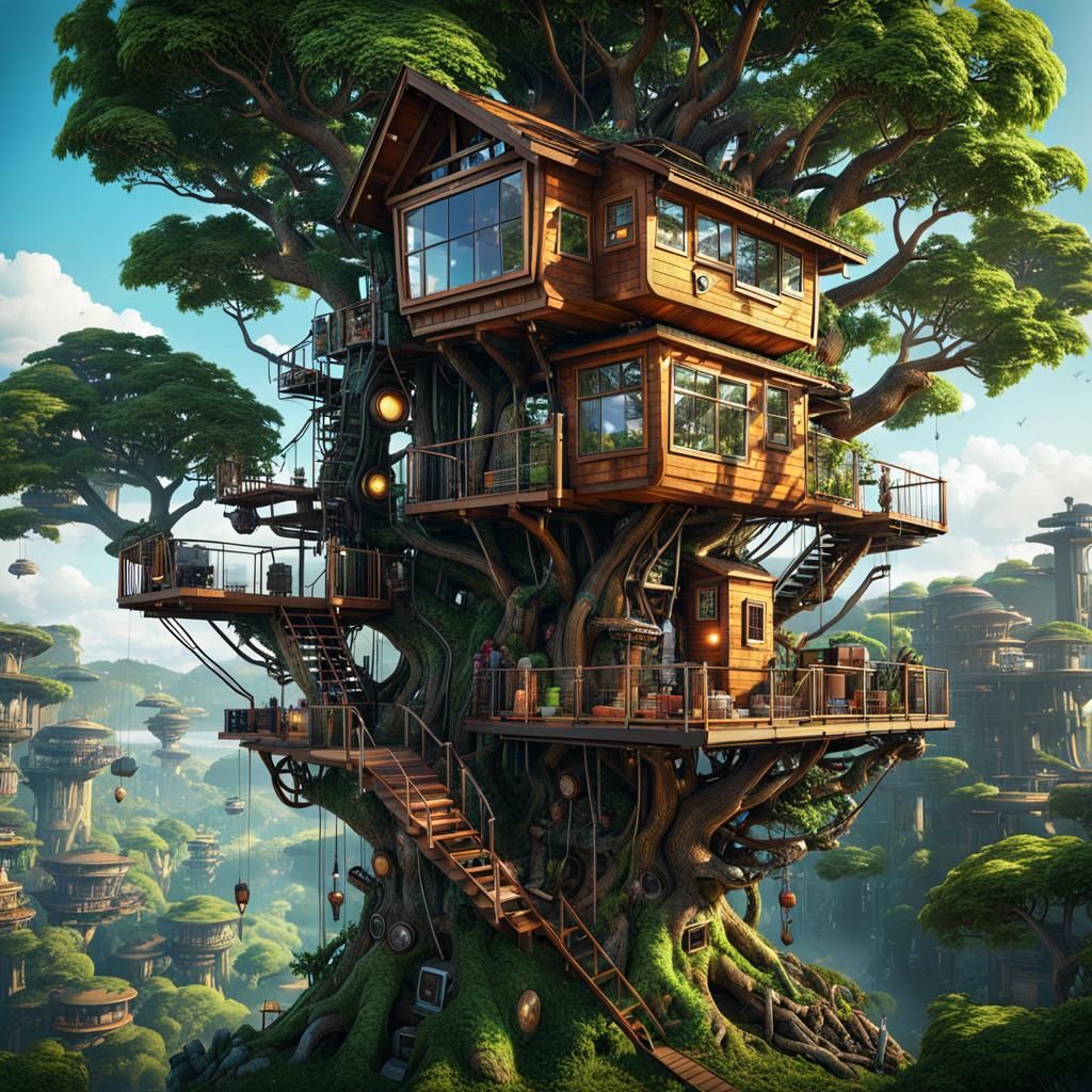 view of a tree house full of cutting-edge technological devi...